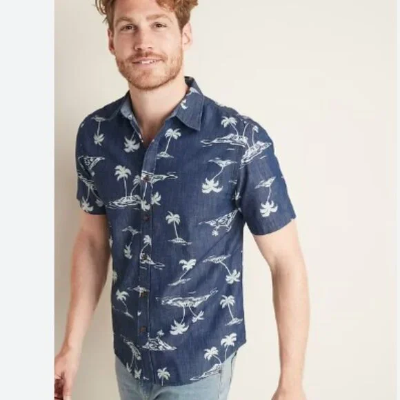 Old Navy Hawiian shirt Men's XL Slim-Fit Printed Chambray Shirt - Picture 16 of 16
